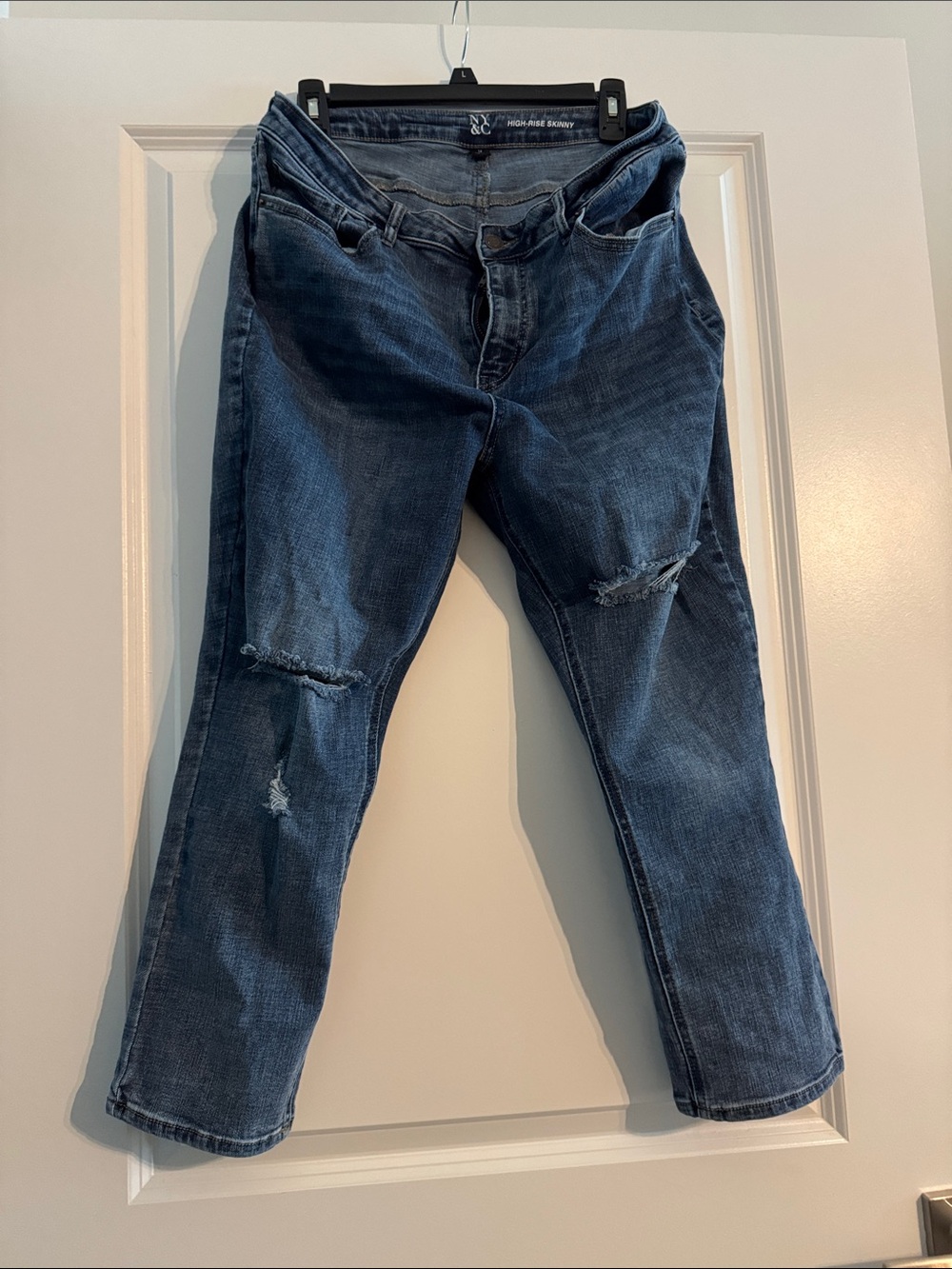 New York & Company Women’s Boyfriend Jeans in Dark Blue with Distressing